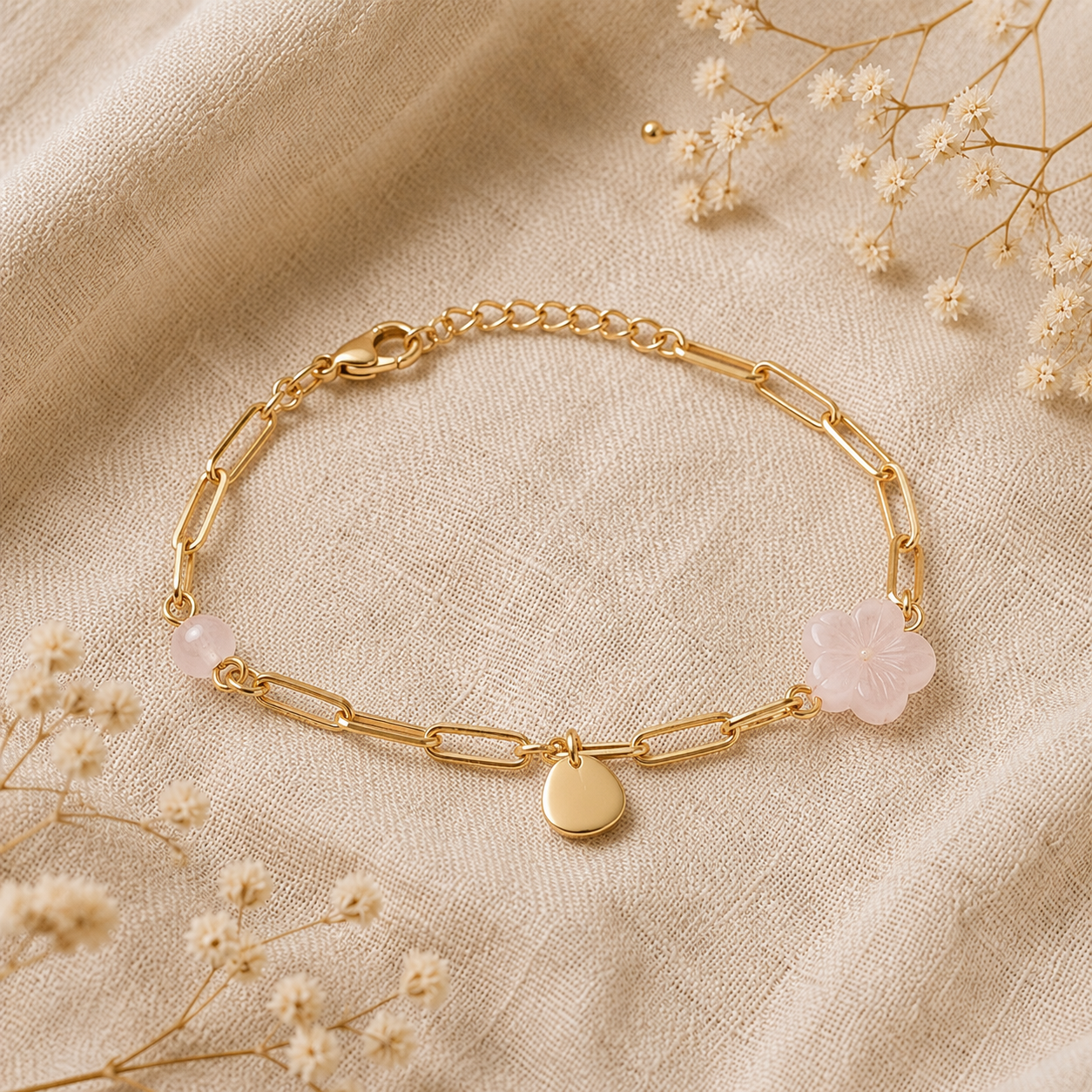 Bracelet à maillons dorés avec quartz rose et charme, posé sur un fond en lin beige entouré de fleurs séchées