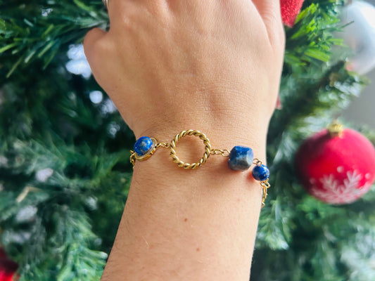 Bracelet Lapis-Lazuli Anneau Torsadé & Acier Inoxydable Doré