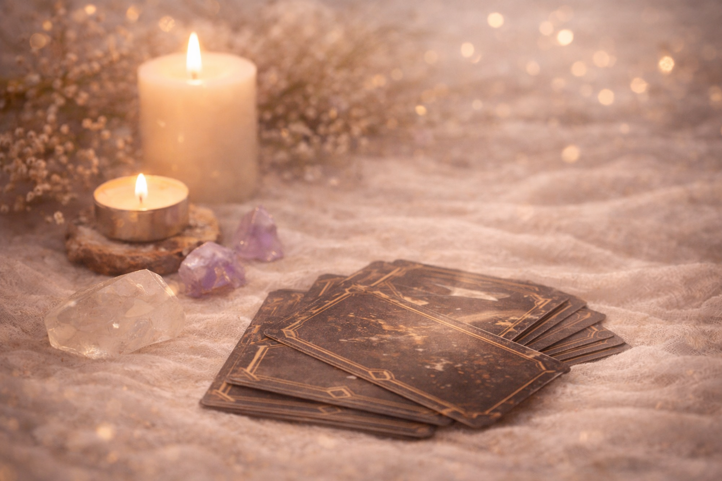 Mini séance de guidance intuitive avec cartes et bougie dans une ambiance douce et apaisante.