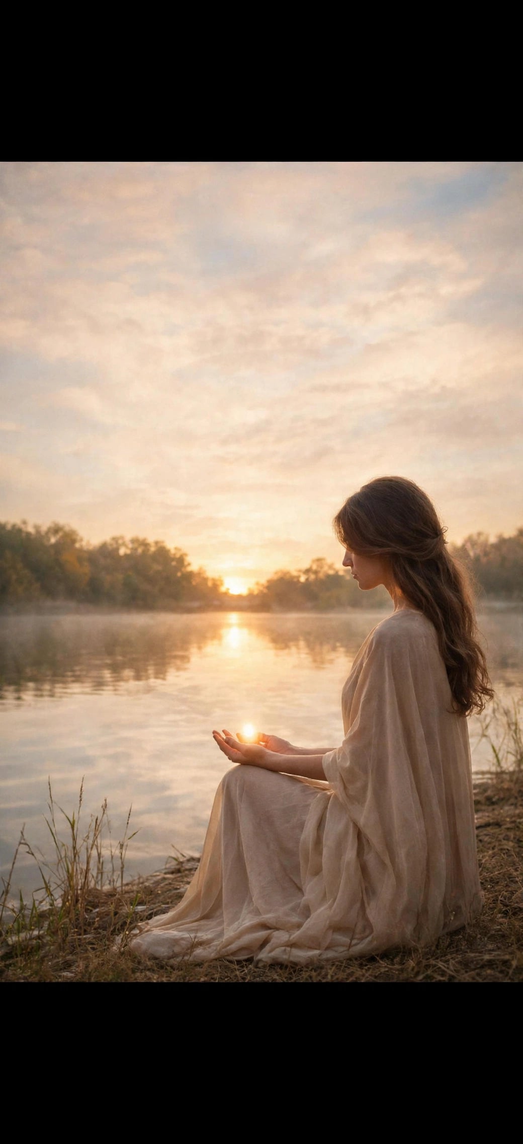 femme robe lin beige assise au bord du lac au coucher du soleil tenant lumiere doree dans les mains soin energetique projet  confiance connexion corps
