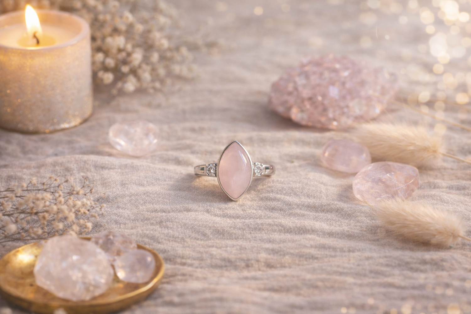 Bague énergétique en quartz rose posée sur tissu beige avec cristaux et bougie, bijou en pierre naturelle symbole d’amour et d’harmonie.