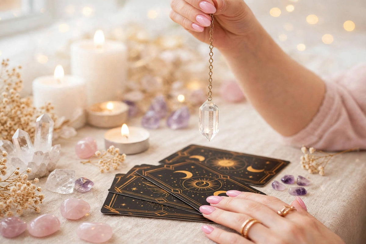 Photo couverture medium pendule quartz cartes tarot lune soleil bougies et cristaux
