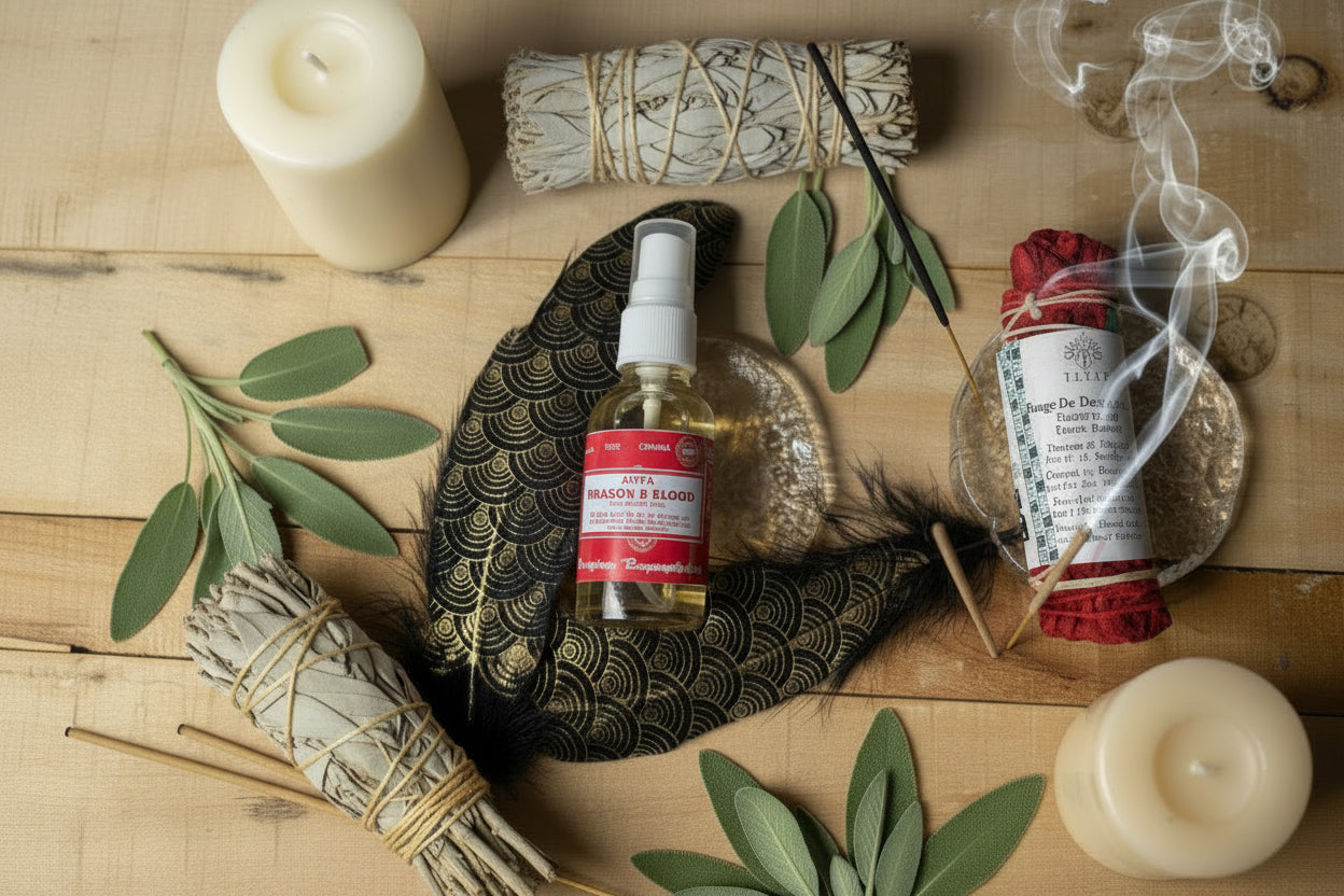 Produits de fumigation pour la maison, encens, sauge et palo santo, utilisés pour purifier l’espace, créer une ambiance relaxante et favoriser le bien-être