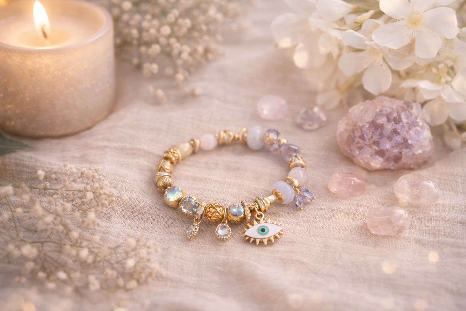 
Bracelet énergétique doré avec symbole œil et pierres naturelles posé sur un tissu doux avec bougie et cristaux dans une ambiance spirituelle.