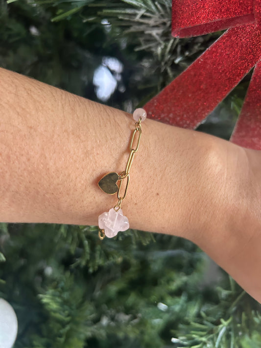 Bracelet “Quartz Rose Charme Doré” – Maillons & Acier Inoxydable