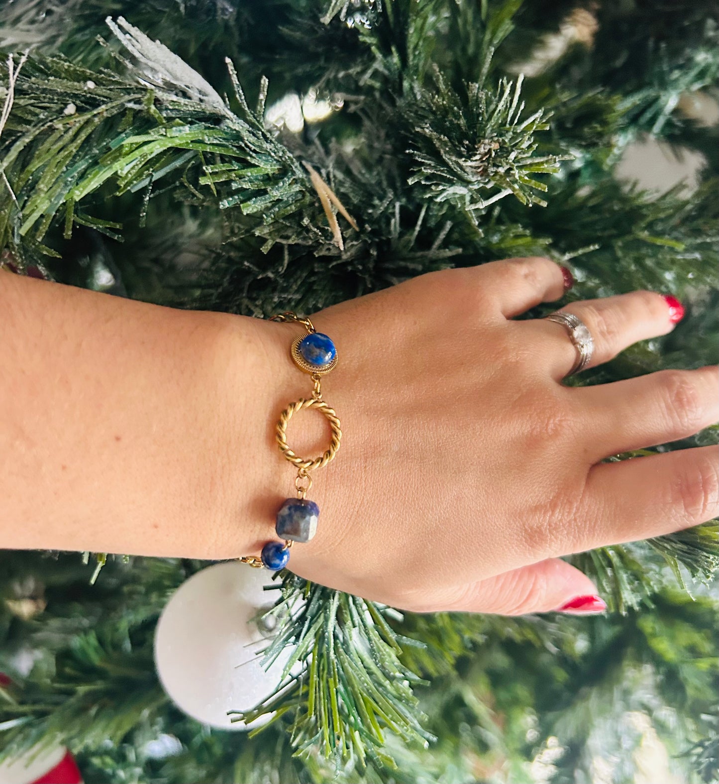 Bracelet Lapis-Lazuli Anneau Torsadé & Acier Inoxydable Doré