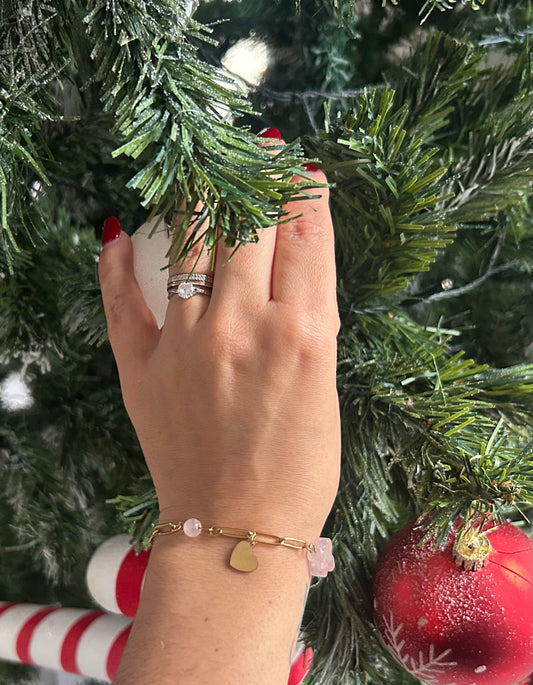 Bracelet “Quartz Rose Charme Doré” – Maillons & Acier Inoxydable