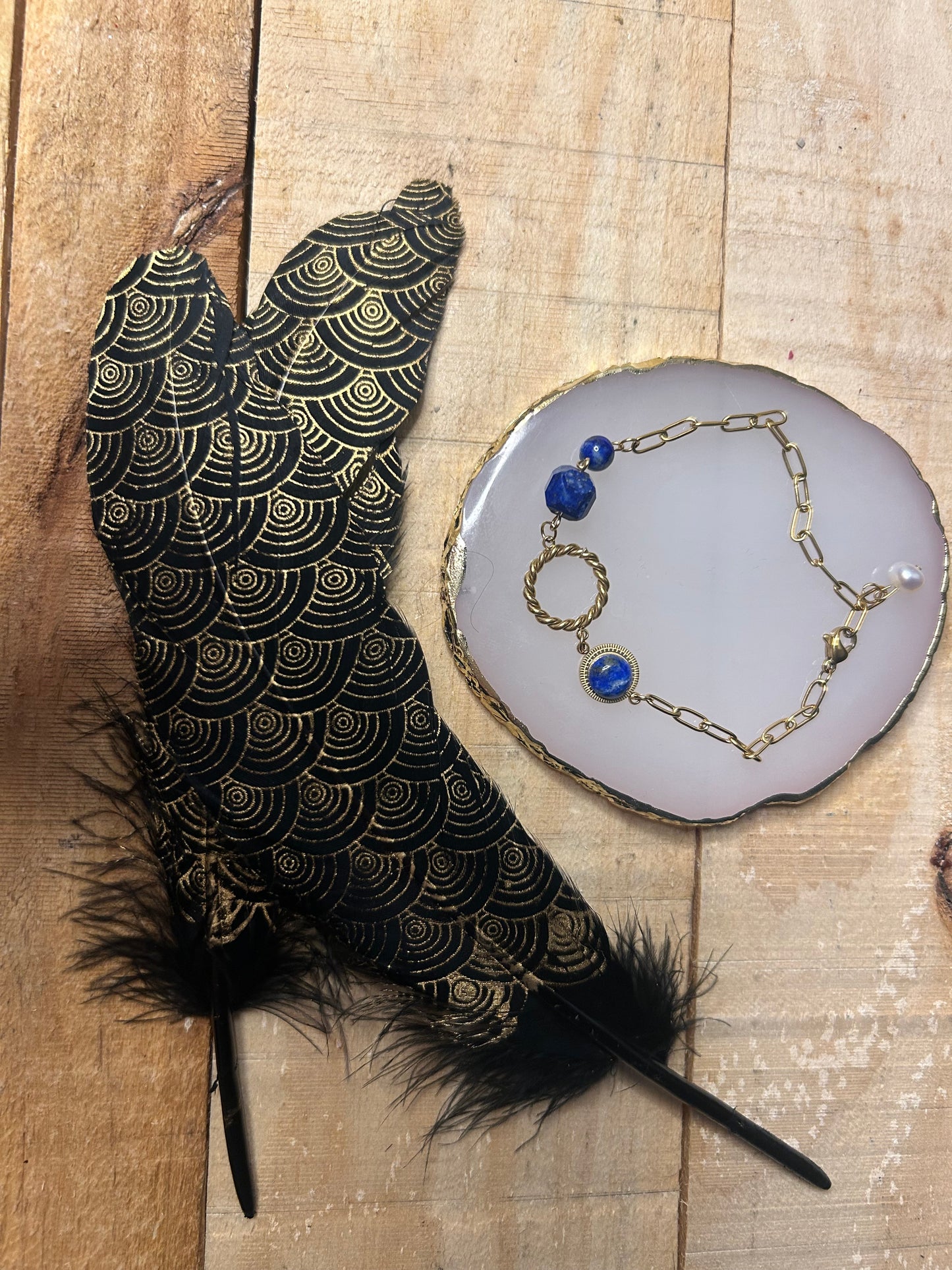 Bracelet Lapis-Lazuli Anneau Torsadé & Acier Inoxydable Doré