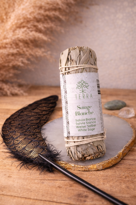 Bâton de sauge blanche Terra pour purification et nettoyage énergétique, présenté sur une tranche d’agate dans une ambiance zen et spirituelle.