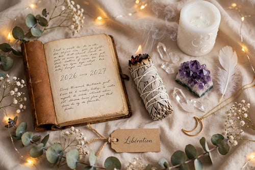 Flatlay spirituel fin d'année 2026 vers 2027 avec journal vintage, bâton de sauge qui fume, bougie lune, cristaux améthyste et quartz, plume blanche et étiquette libération, pour soin et guidance de fin d'année L'au-delà des rêves.
