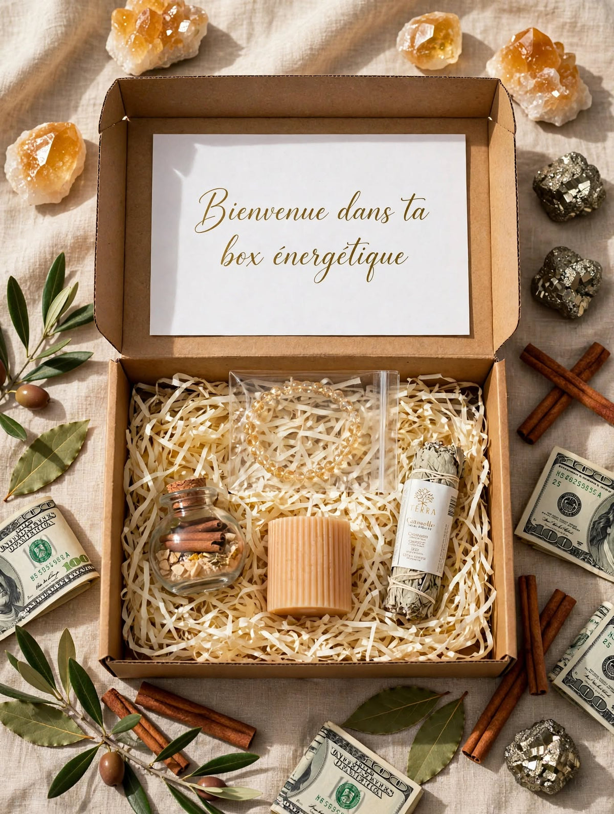 Box du mois octobre ouverte avec bracelet citrine dans sachet transparent, spell jar abondance cannelle, bougie pilier pêche, fagot de sauge cannelle, sur frisure kraft avec pierres citrine et pyrite
