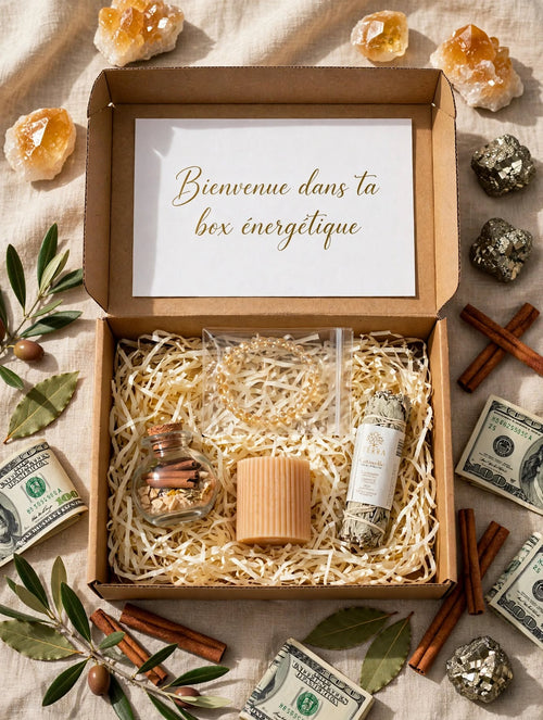 Box du mois octobre ouverte avec bracelet citrine dans sachet transparent, spell jar abondance cannelle, bougie pilier pêche, fagot de sauge cannelle, sur frisure kraft avec pierres citrine et pyrite
