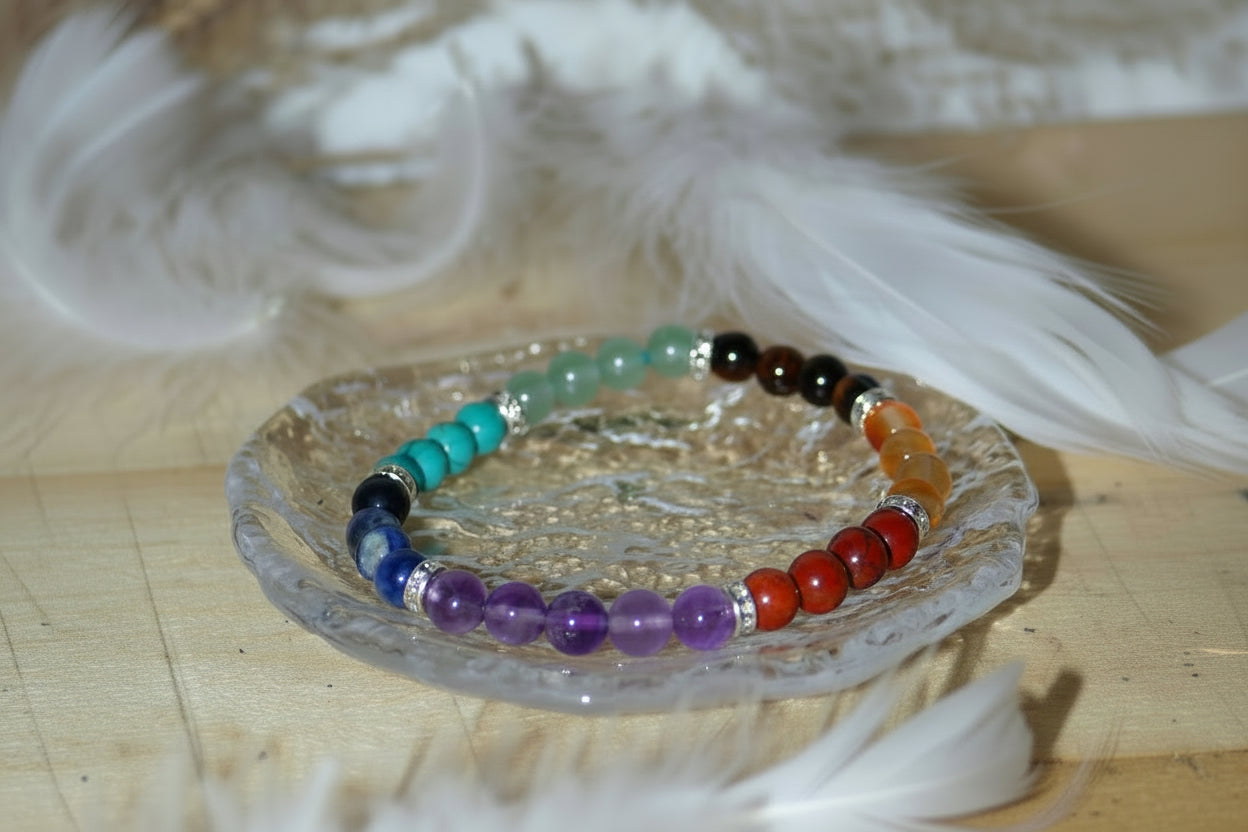Bracelet 7 chakras porté, bijou d’harmonisation énergétique