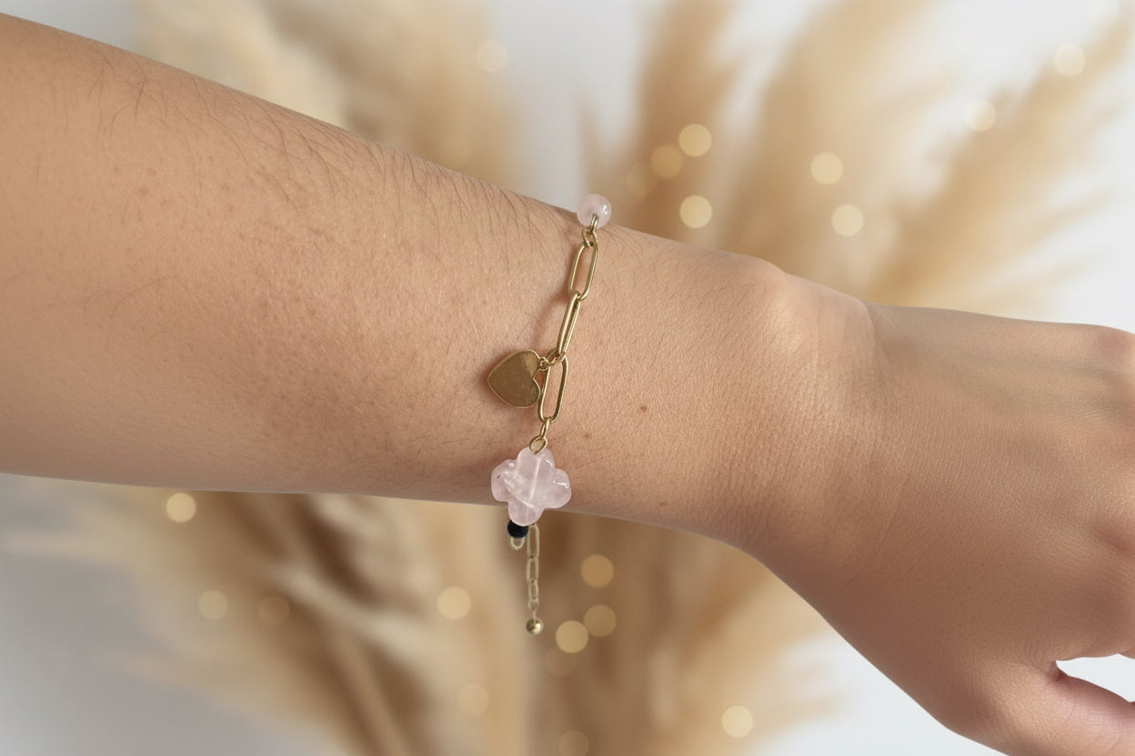 Bracelet en quartz rose naturel avec maillons et acier inoxydable doré – favorise la douceur