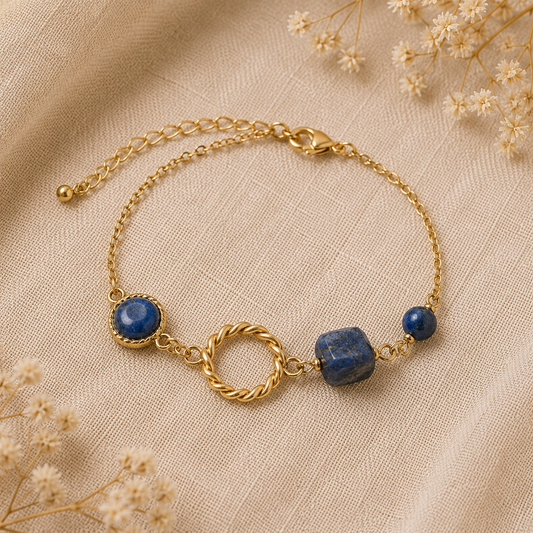 Bracelet doré avec pierres en lapis-lazuli posé sur un fond en lin beige, accompagné de quelques fleurs séchées.