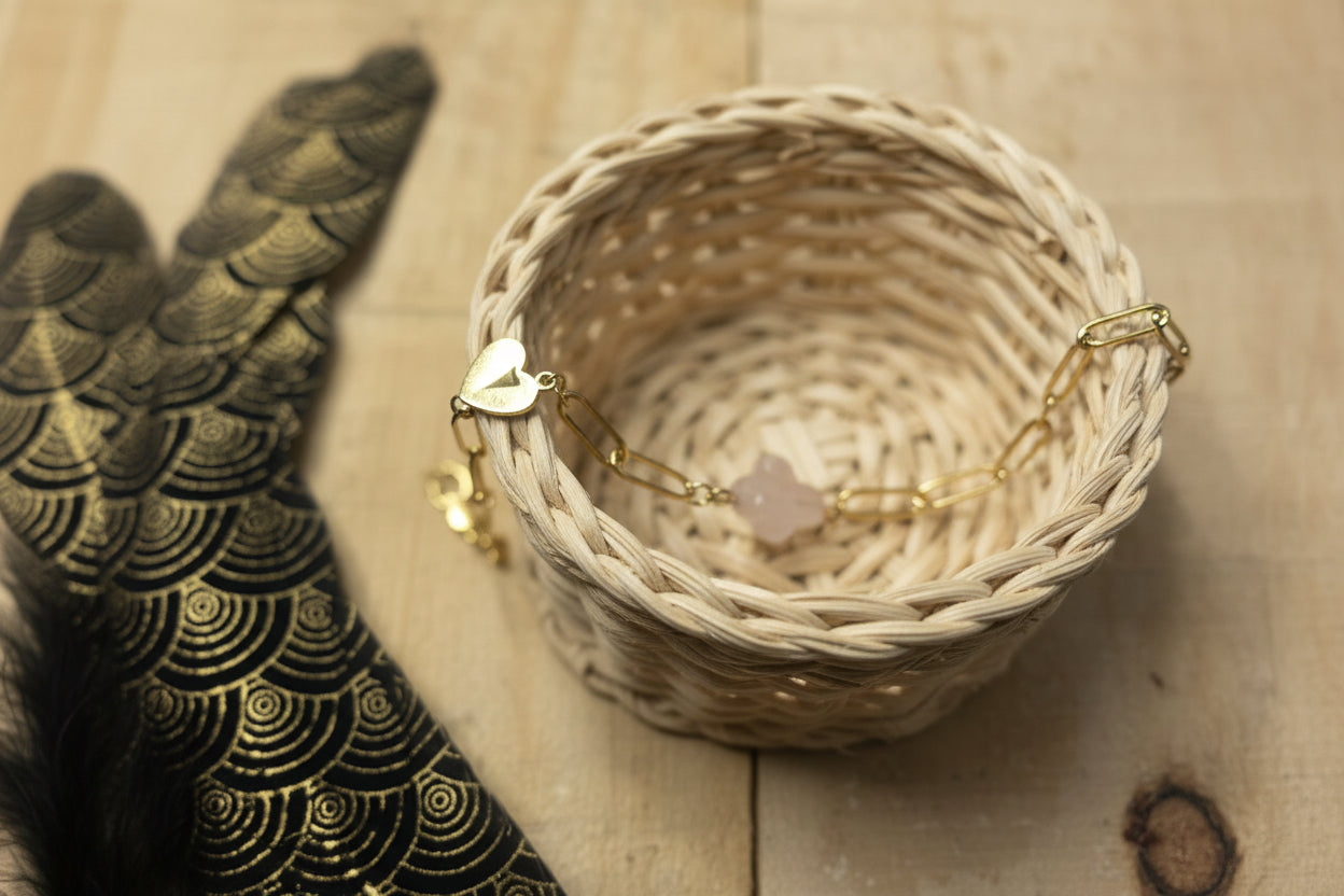 Bracelet en quartz rose naturel avec maillons et acier inoxydable doré – 
