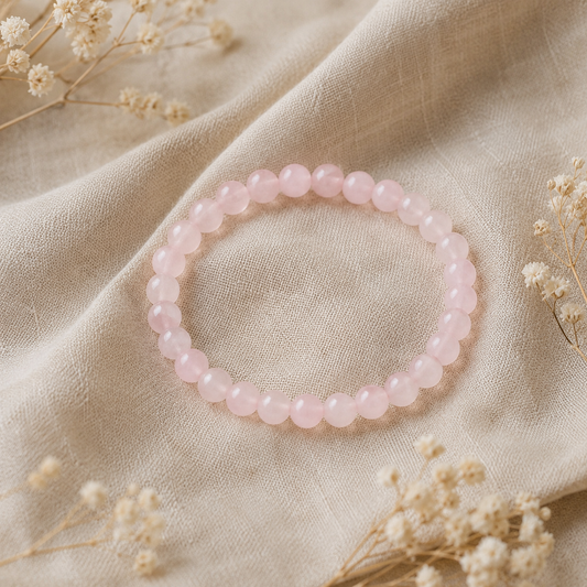 Bracelet en quartz rose naturel posé sur un tissu en lin beige, entouré de fleurs séchées dans une lumière douce.