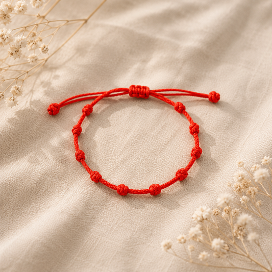 Bracelet rouge à sept nœuds posé sur un tissu en lin beige, entouré de quelques fleurs séchées.