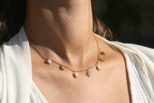 Collier Lune & Étoile – Plaqué Or 18k, Acier Inoxydable