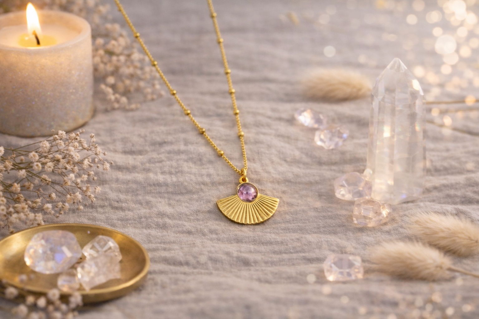 Collier doré avec pendentif éventail et pierre violette porté autour du cou d’une femme, bijou élégant et lumineux.