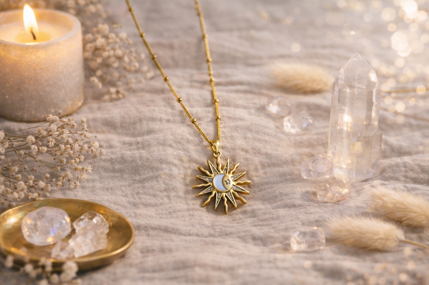 Pendentif soleil Poser avec une jolie décoration, cristaux, bougies