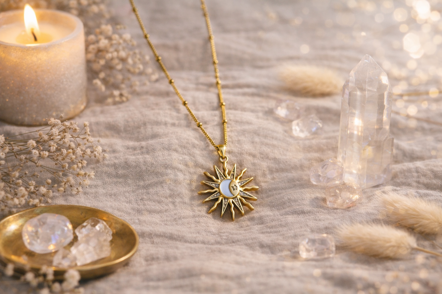 Pendentif soleil Poser avec une jolie décoration, cristaux, bougies