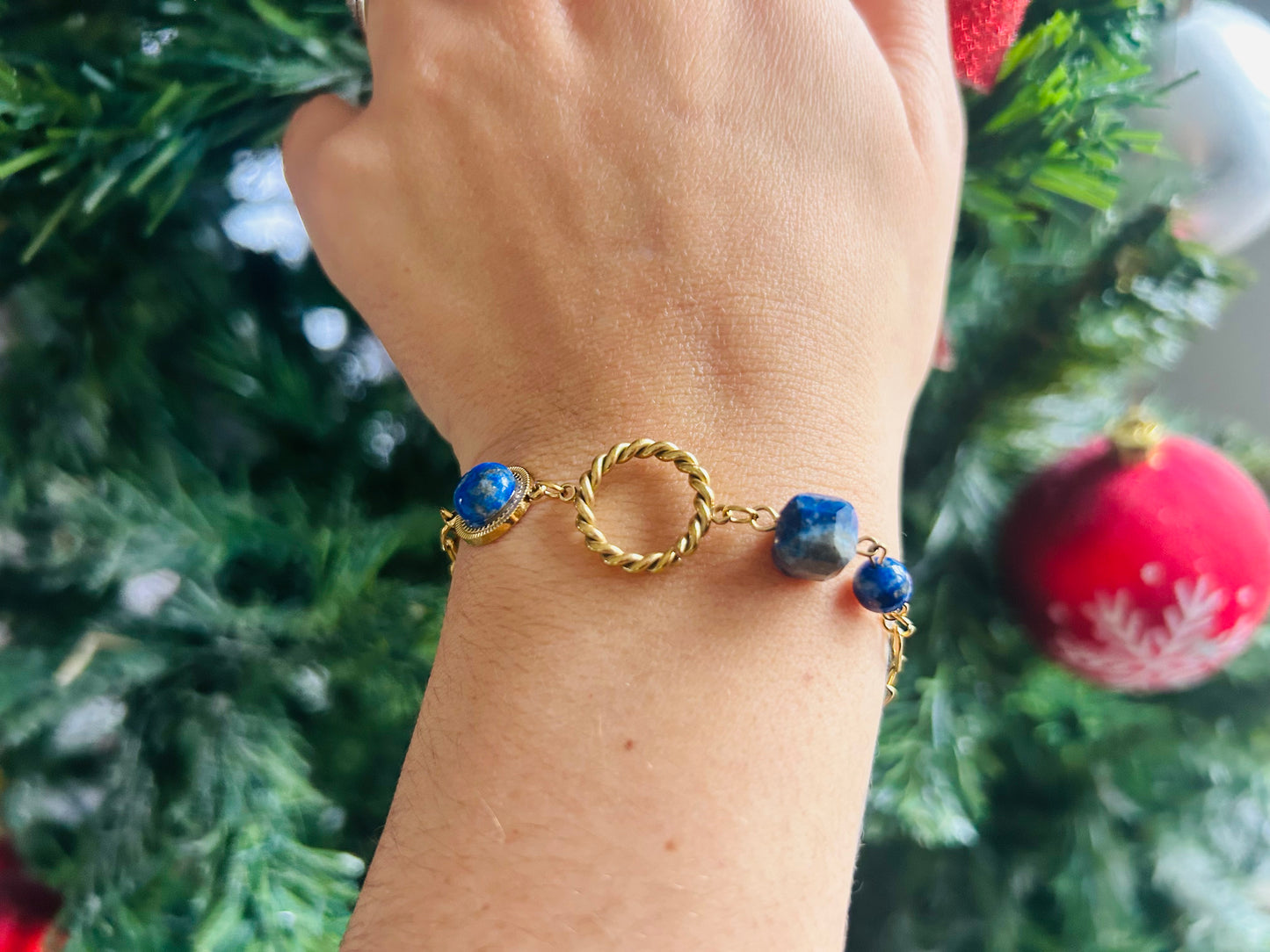 Bracelet Lapis-Lazuli Anneau Torsadé & Acier Inoxydable Doré