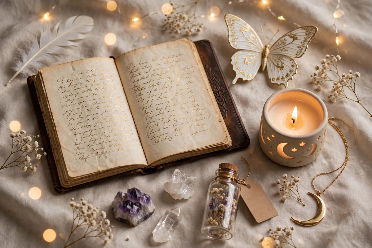 Flatlay spirituel beige et doré avec journal ouvert, bougie lune et étoiles, papillon blanc doré, plume blanche, cristaux d'améthyste et quartz clair, collier lune doré, pour la guidance message canalisé de ton guide par L'au-delà des rêves.
