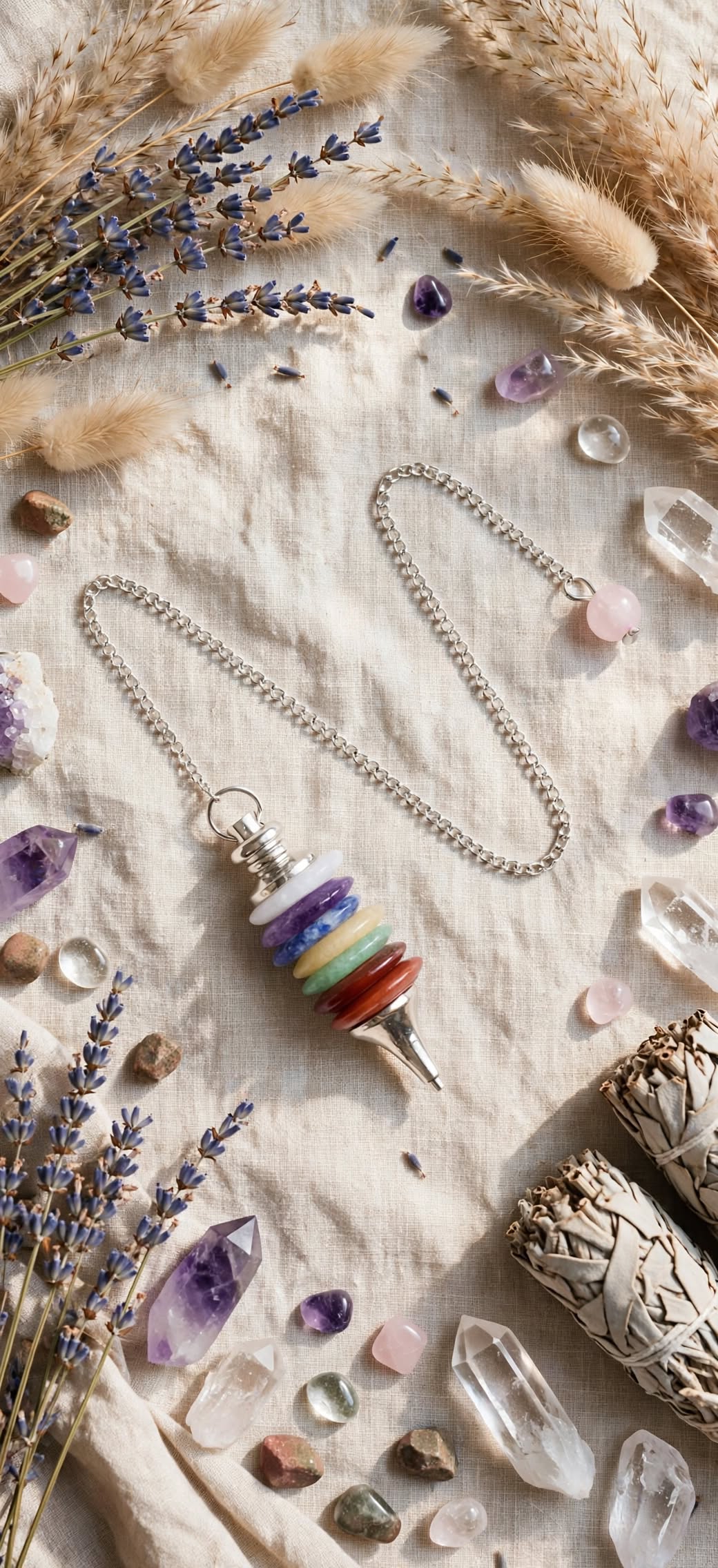 Pendule 7 chakras couché à plat avec lavande et cristaux