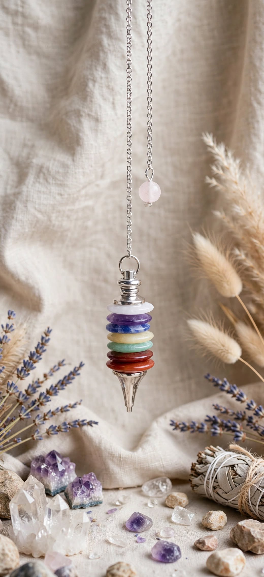 Pendule 7 chakras suspendu sur fond lin beige
Pendu avec décrort pierre 