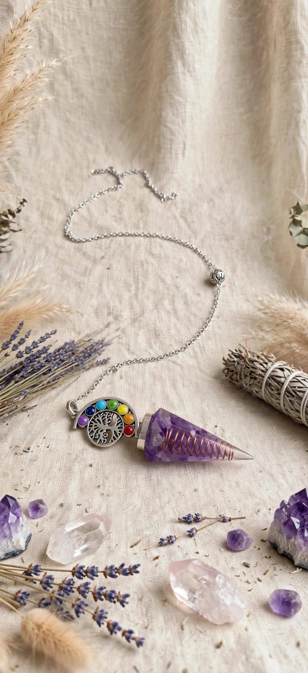 Pendule divinatoire orgonite en améthyste avec arbre de vie & 7 chakras , poser dans un décor avec des pierres et de la lavande
