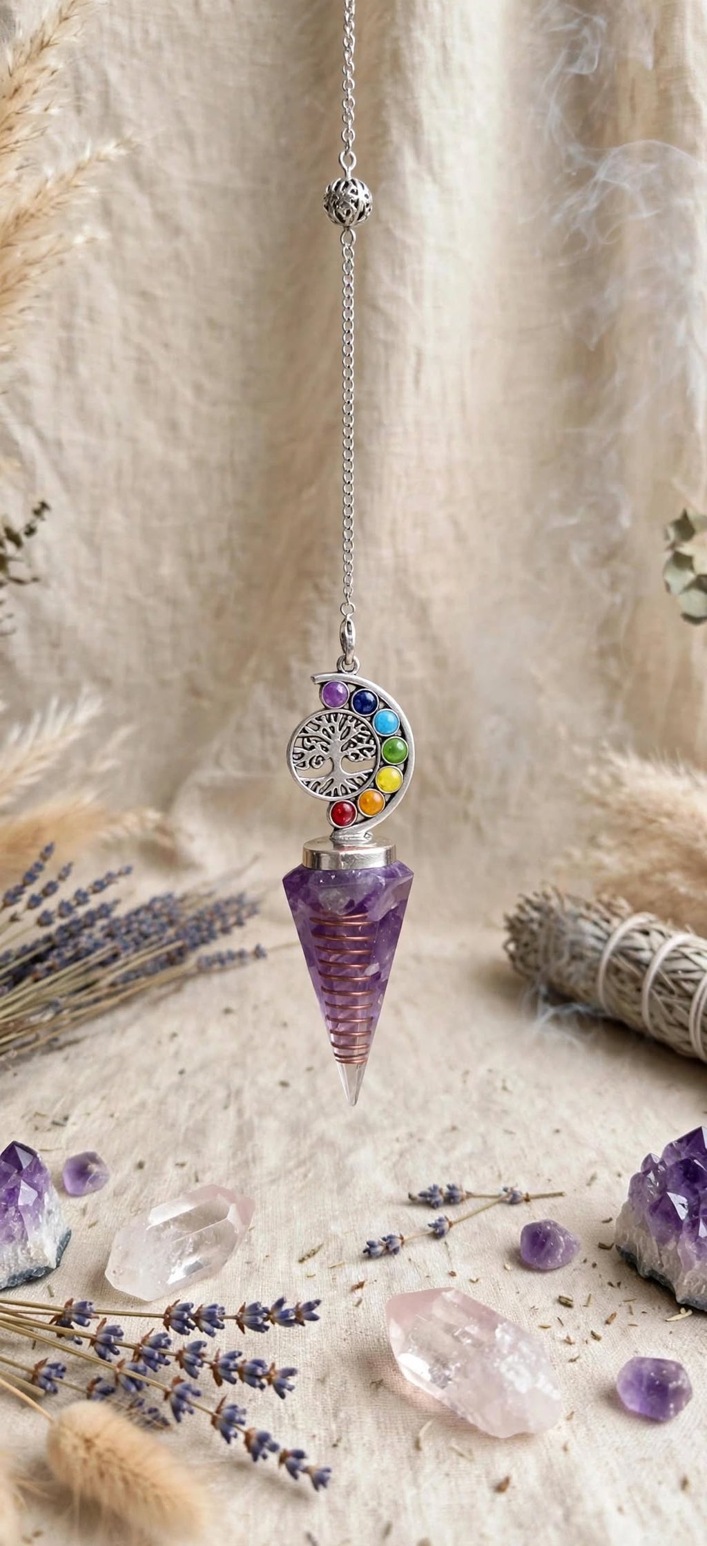Pendule Divinatoire Orgonite Arbre de Vie & 7 Chakras Améthyste dans un décors avec des pierres et de lavandes 