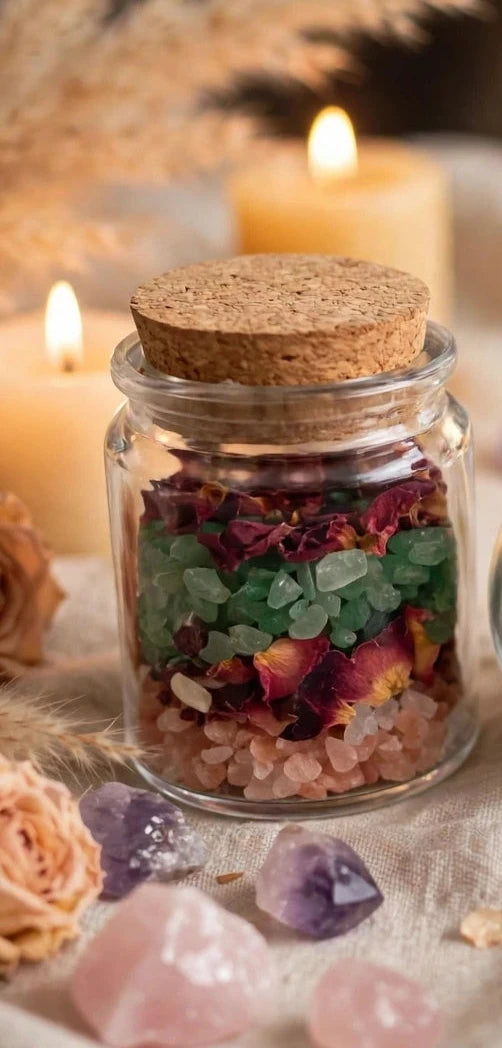 : Spell Jar Amour & Confiance en Soi - Fiole Sacrée  Cristaux petal de rose 