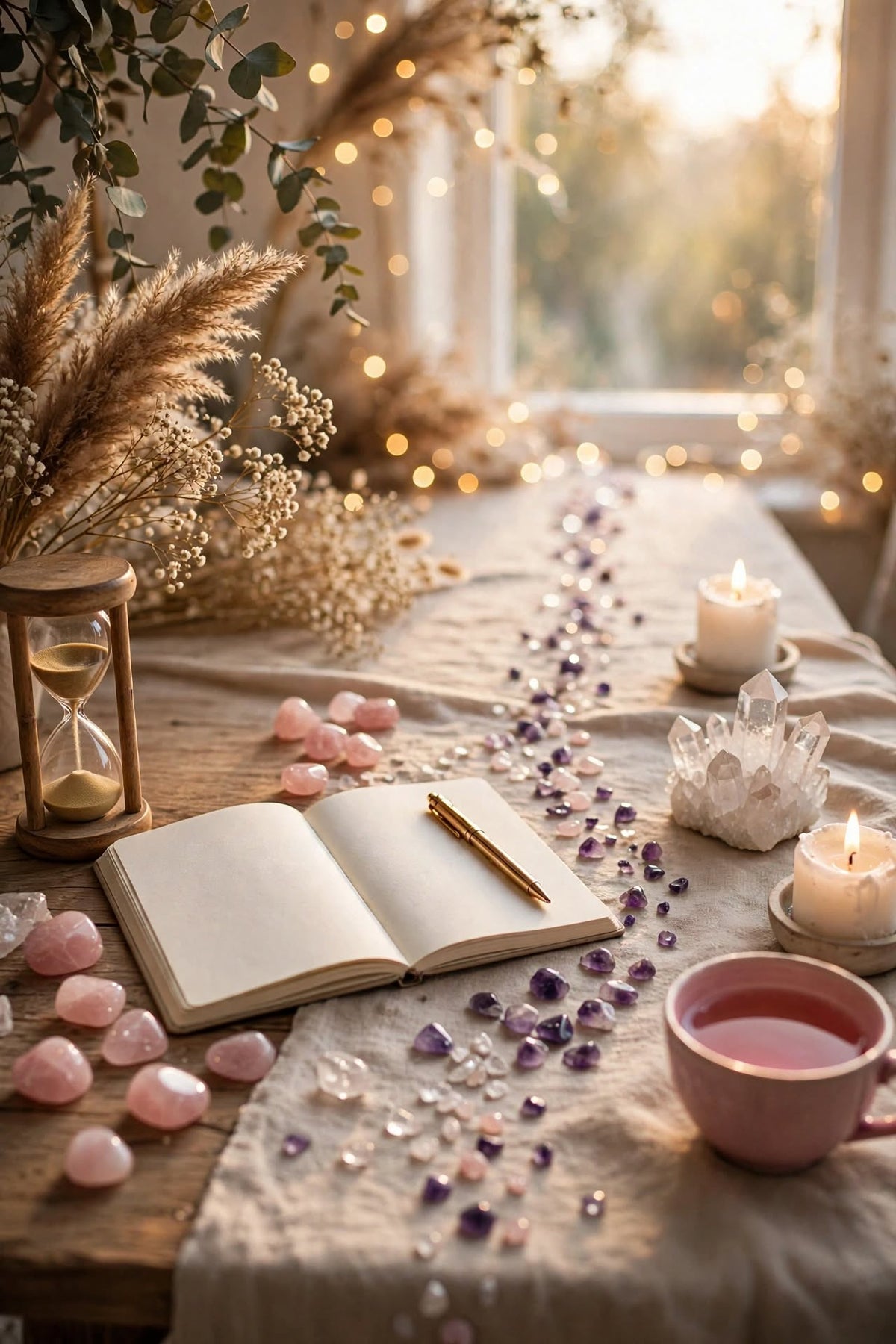 accompagnement spirituel personnalisé 8 heures sur plusieurs mois - carnet ouvert vierge stylo or sablier symbole du temps chemin de cristaux amethyste et quartz rose bougies allumées ambiance boho lumineuse
