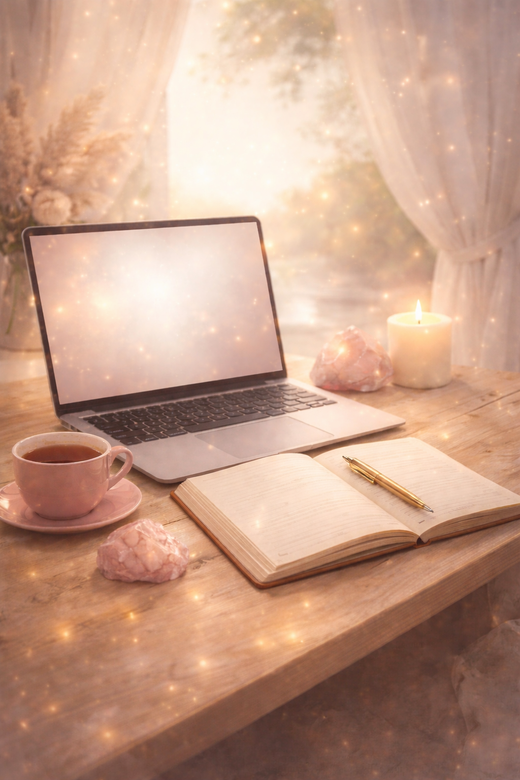 Espace de travail pour un appel découverte en visio avec carnet, ordinateur et quartz rose dans une ambiance douce et lumineuse.
