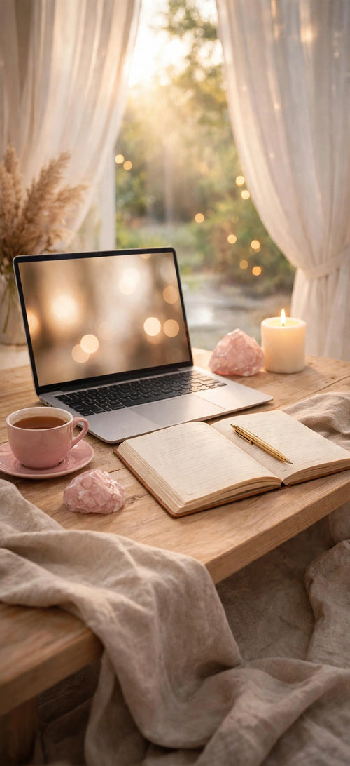 Appel découverte visio accompagnement laptop carnet quartz rose bougie et thé
