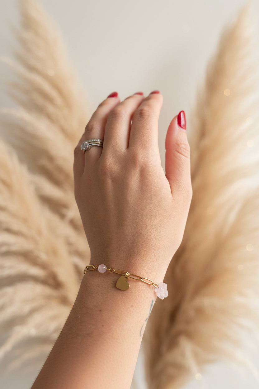 Bracelet en quartz rose naturel avec maillons et acier inoxydable doré – favorise la douceur, l’amour de soi et l’harmonie émotionnelle
