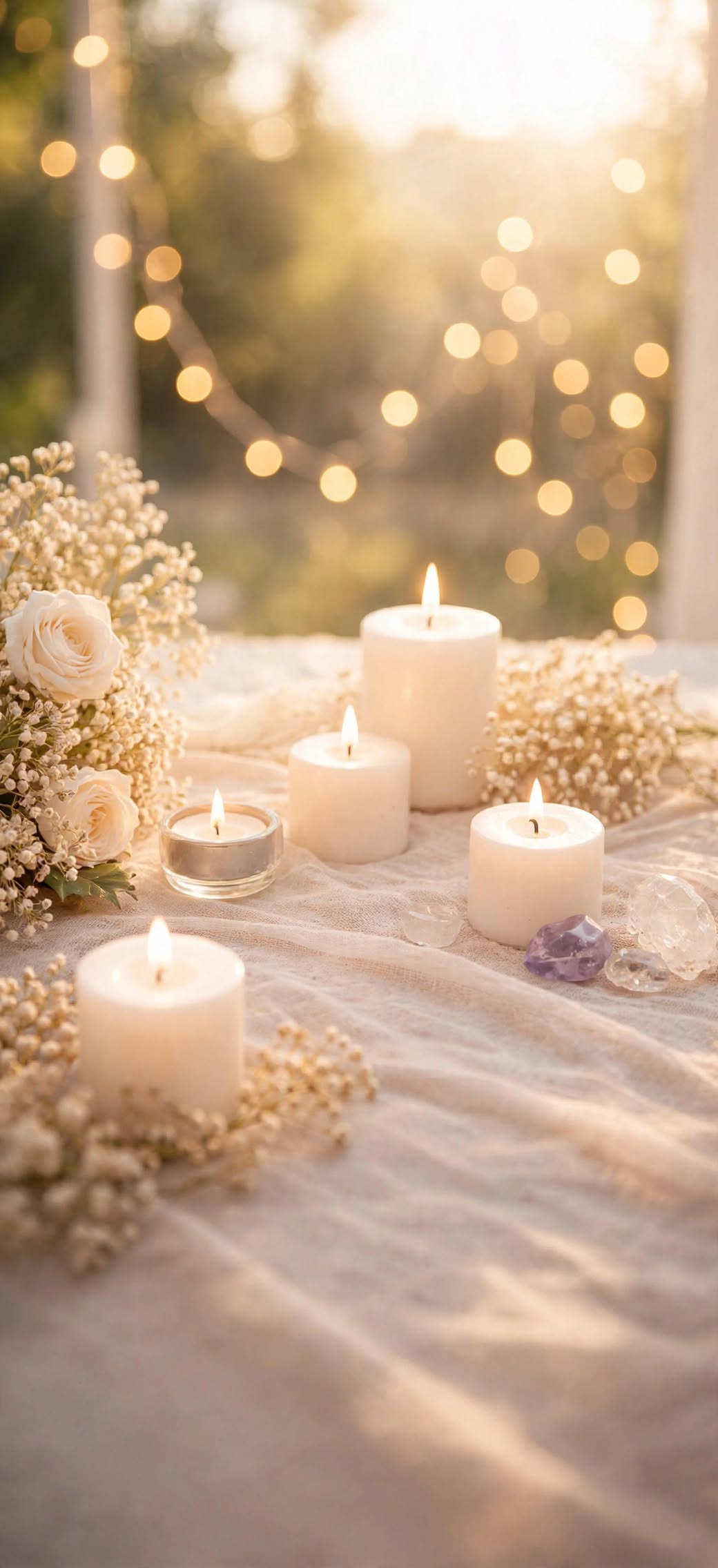 Séance contact défunt médium bougies blanches roses blanches gypsophile amethyste quartz
