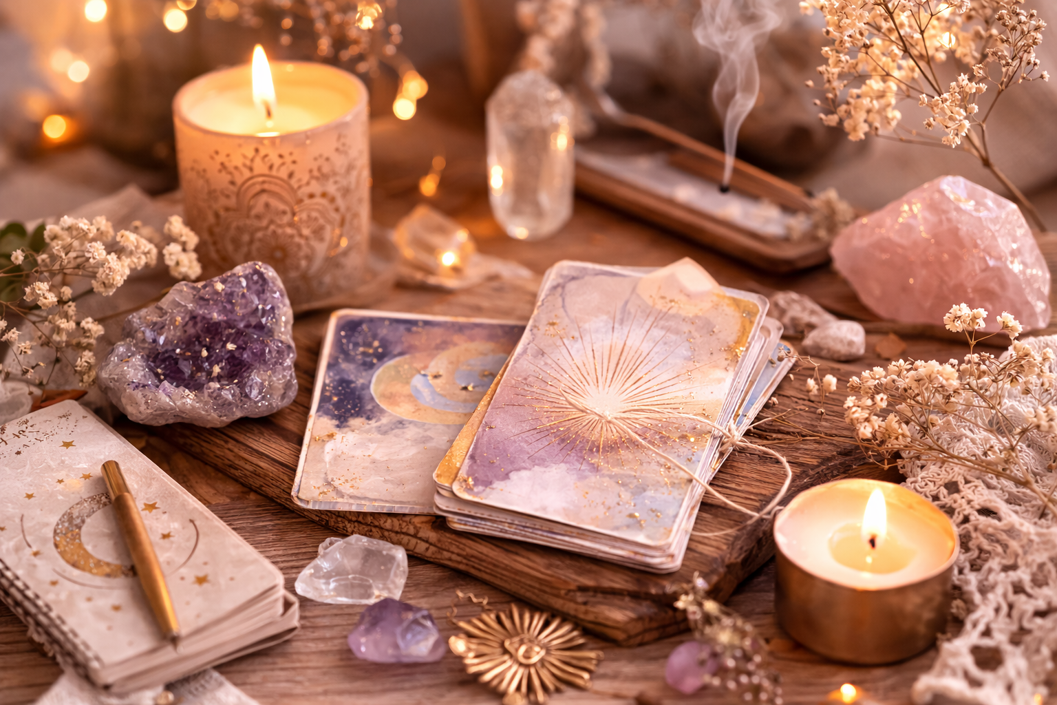 Cartes de guidance et cristaux disposés dans une ambiance douce et spirituelle pour une séance de guidance intuitive et médiumnité.
