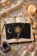 Mini guidance question rapide pendule amethyste cartes tarot lune soleil noir et or
