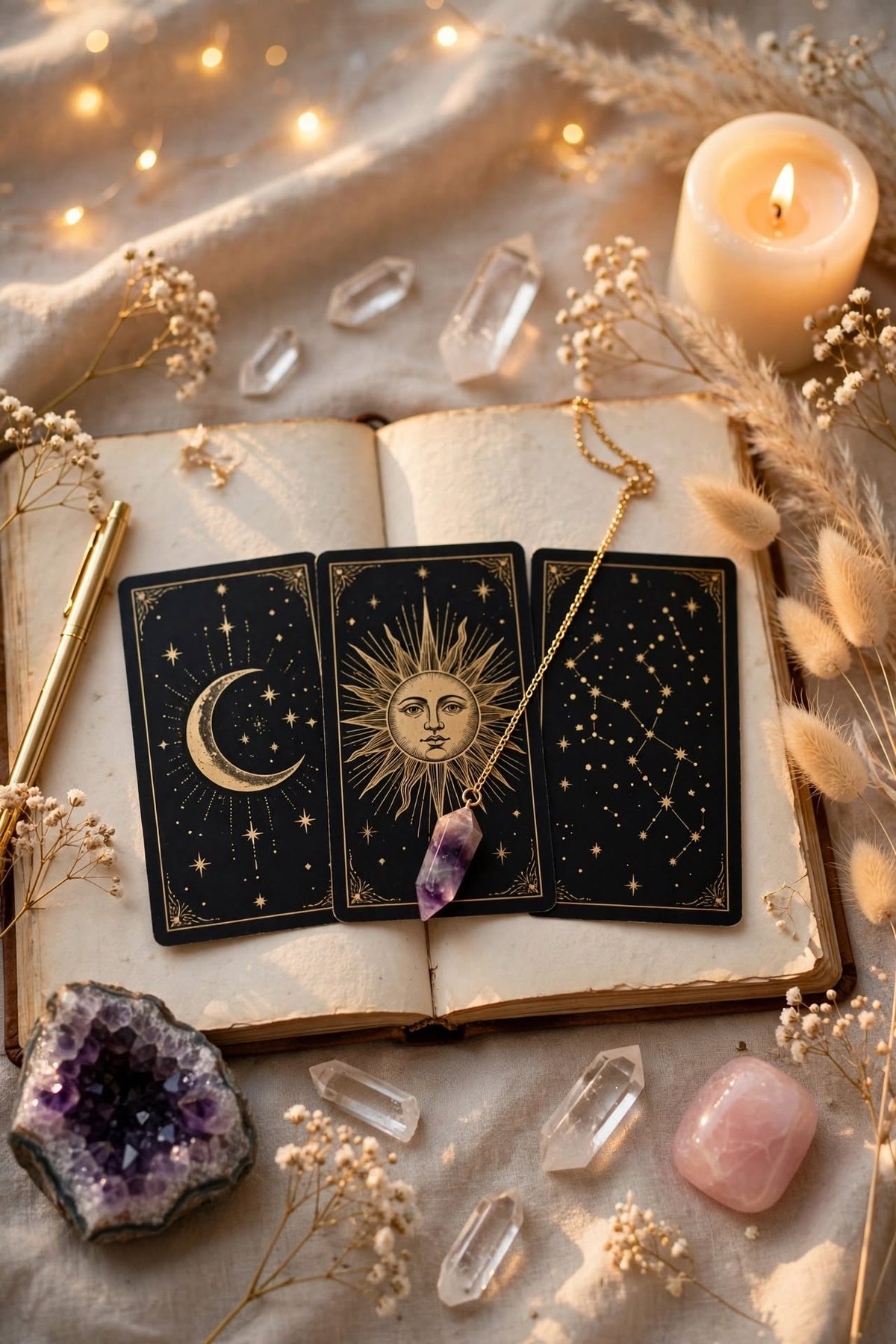 Mini guidance question rapide pendule amethyste cartes tarot lune soleil noir et or
