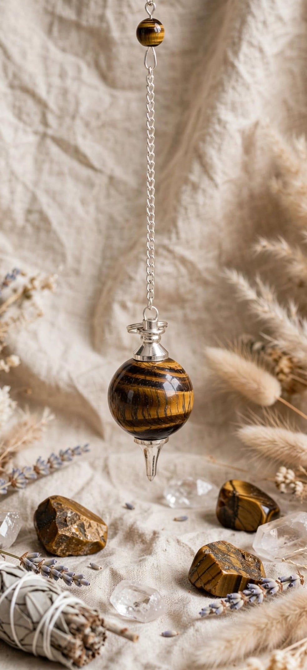 Pendule divinatoire boule œil de tigre suspendu sur lin beige
