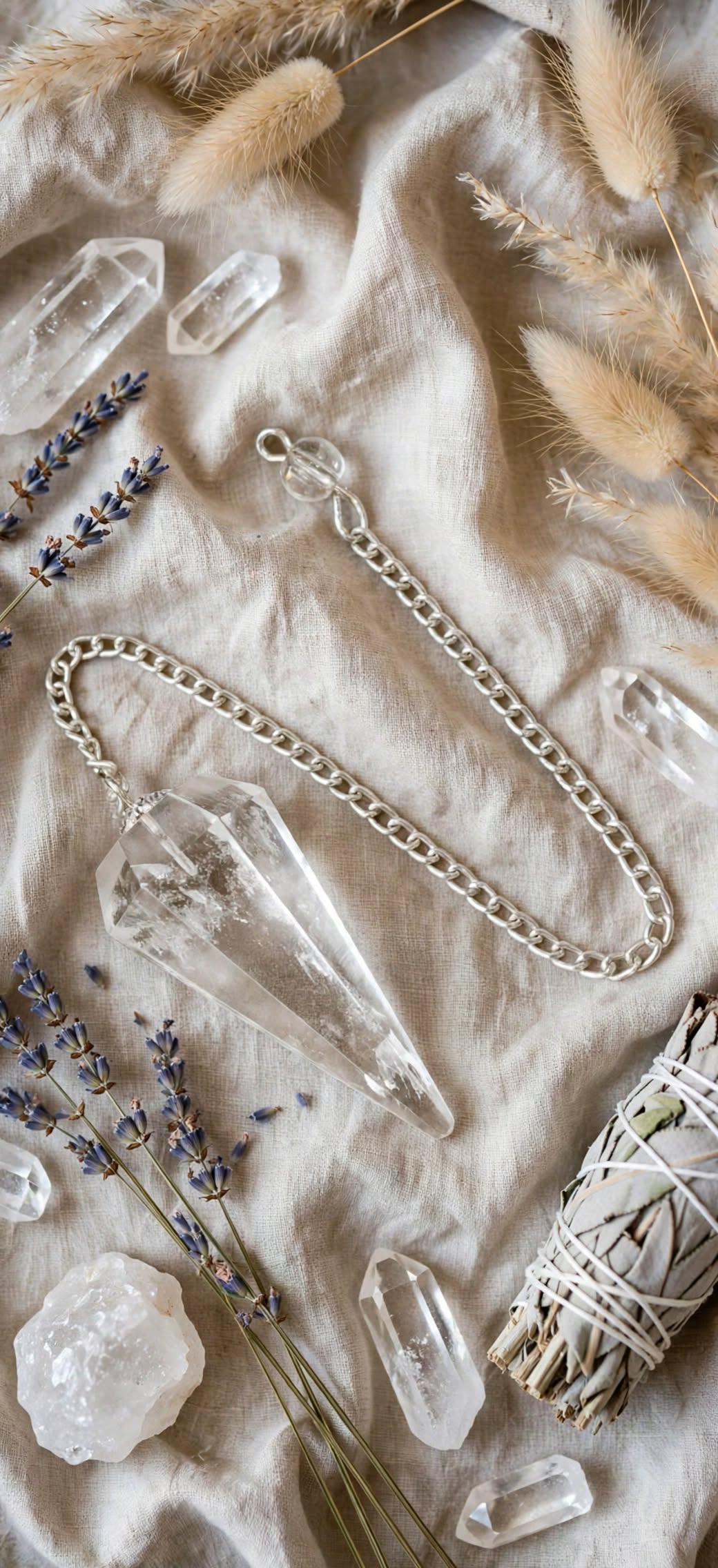 Pendule cône cristal de roche couché à plat avec quartz brut
