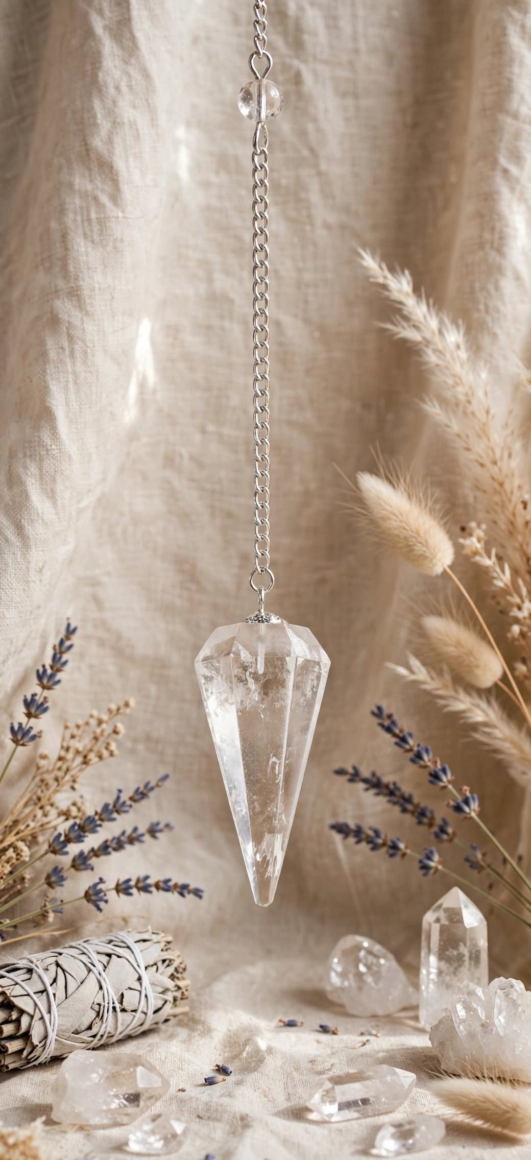Pendule divinatoire cône cristal de roche suspendu sur lin beige
