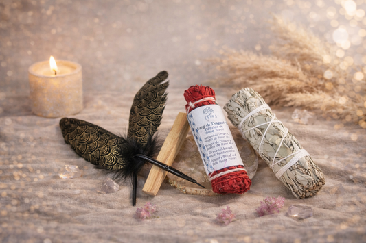 Sauge blanche, bâton de Palo Santo et plume de purification disposés sur un tissu clair avec cristaux et bougie dans une ambiance spirituelle douce