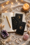Séance médiumnité domaine précis cartes tarot lune soleil noir or améthyste quartz
