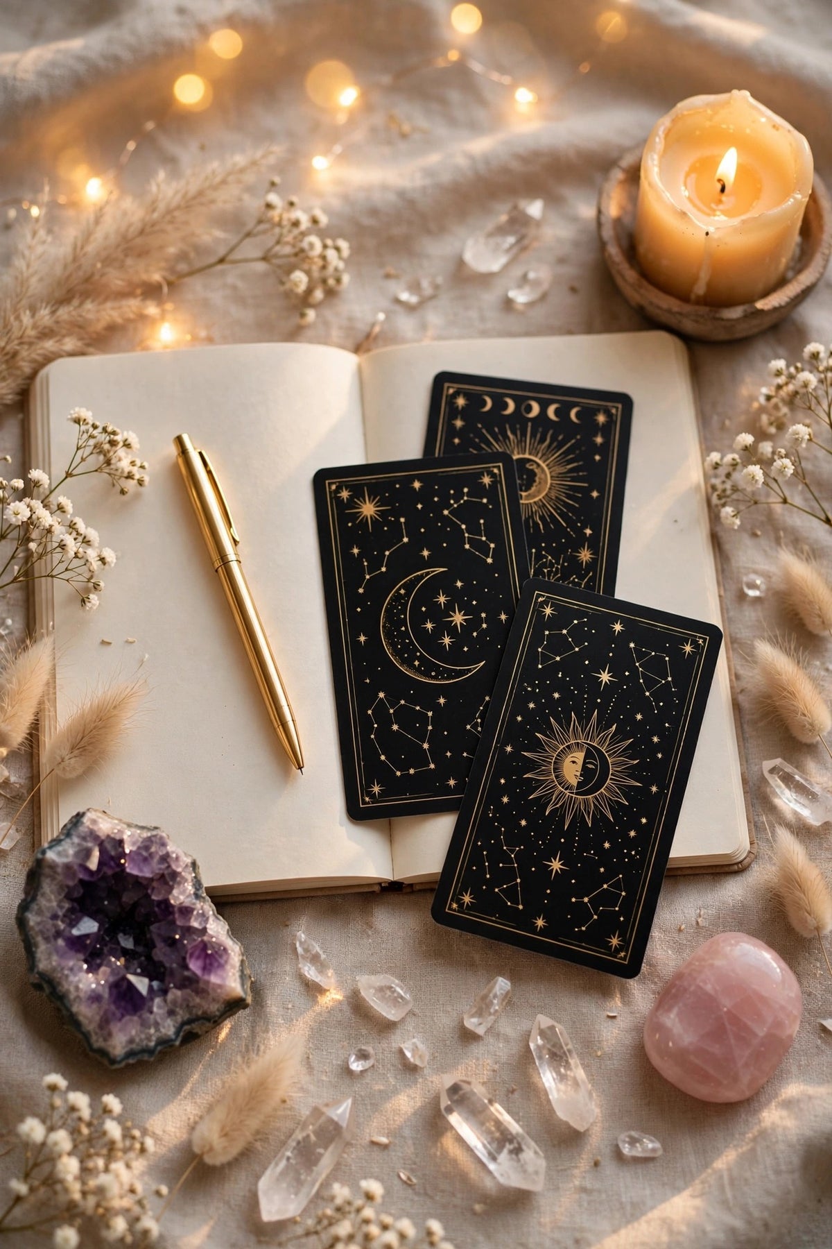 Séance médiumnité domaine précis cartes tarot lune soleil noir or améthyste quartz

