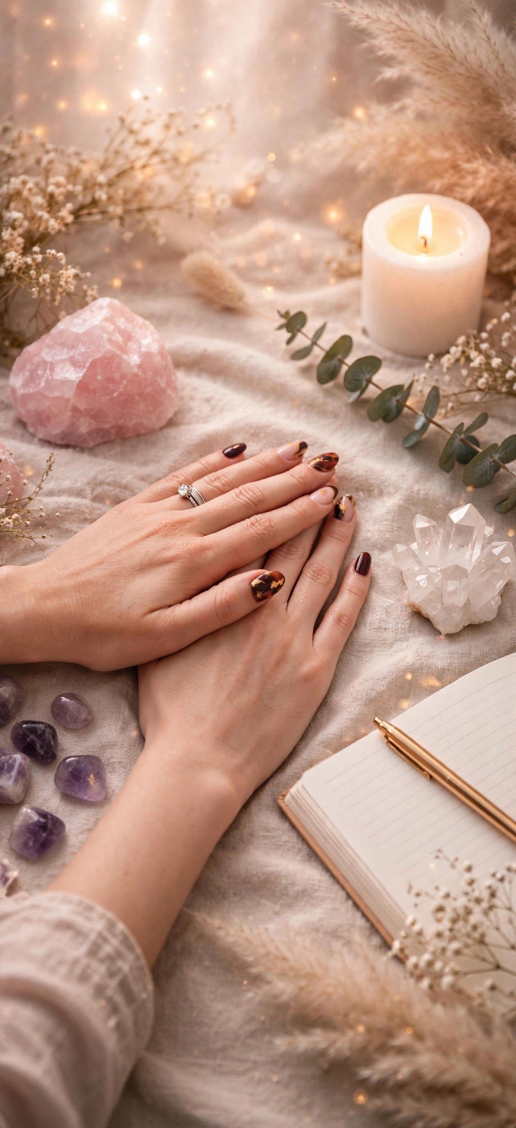 soin energetique a distance mains posees l une sur l autre vernis bordeaux etoile doree bagues quartz rose cristal de roche amethyste bougie carnet stylo or pampas gypsophile eucalyptus bien etre recentrage
