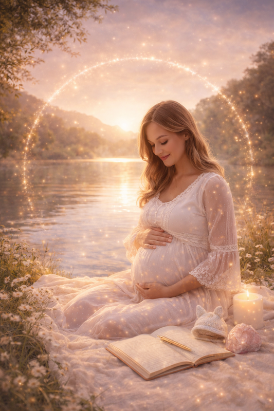 Accompagnement énergétique pour la maternité avec femme enceinte dans une ambiance douce et spirituelle.